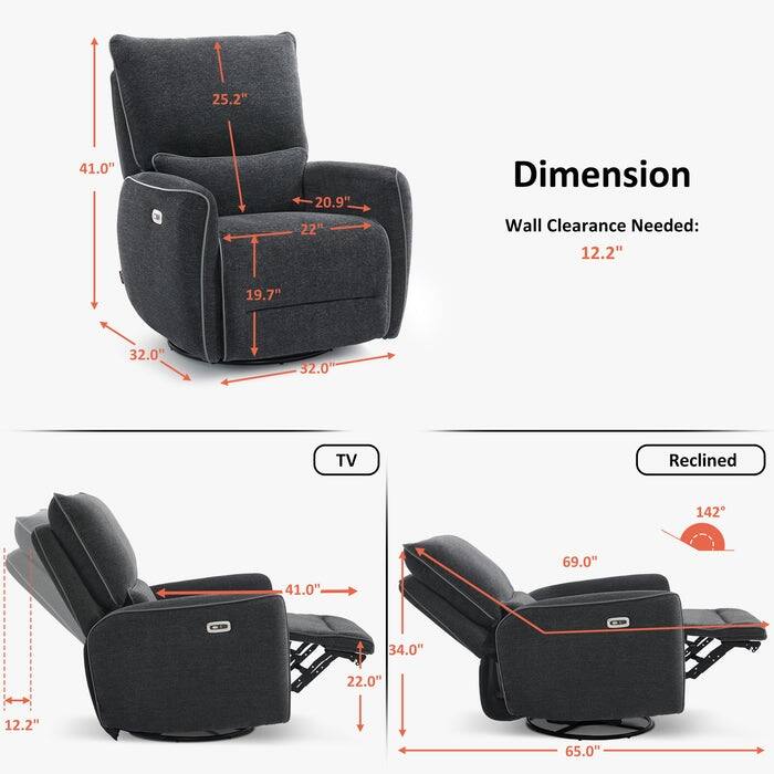 MCombo Power Swivel Glider Recliner Chair with USB Charging Ports for Living Room and Nursery, Fabric 6922
