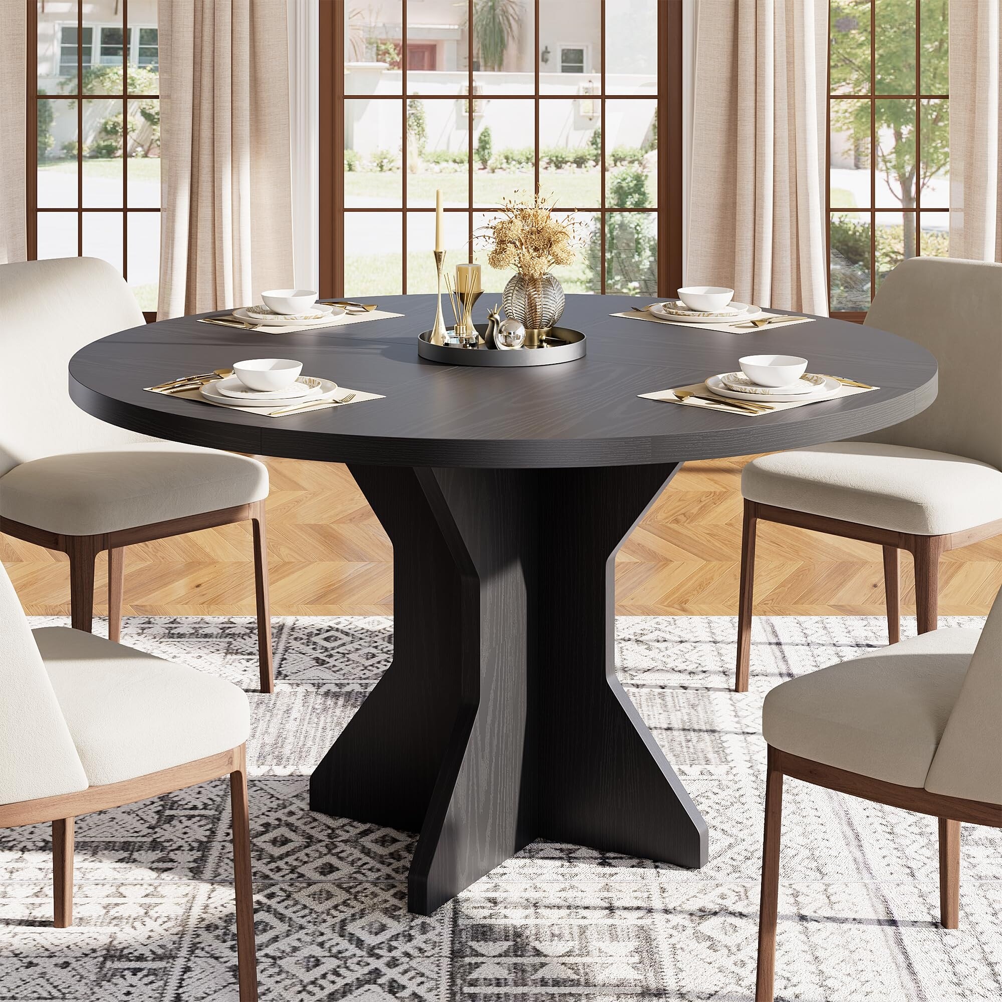 Round Dining Table, 47" Kitchen Table for 4-6 People, Circle Tables with Sturdy Pedestal Base, Dinning Room Furniture