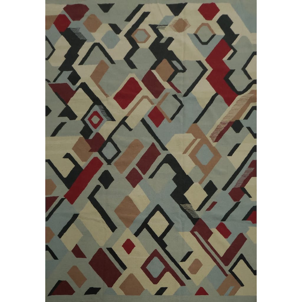 Hand Woven Oriental 100% Wool Carpet Southwestern Modern Navy Blue & Blues Kilim Area Rug - 10' 2'' X 8' 3''