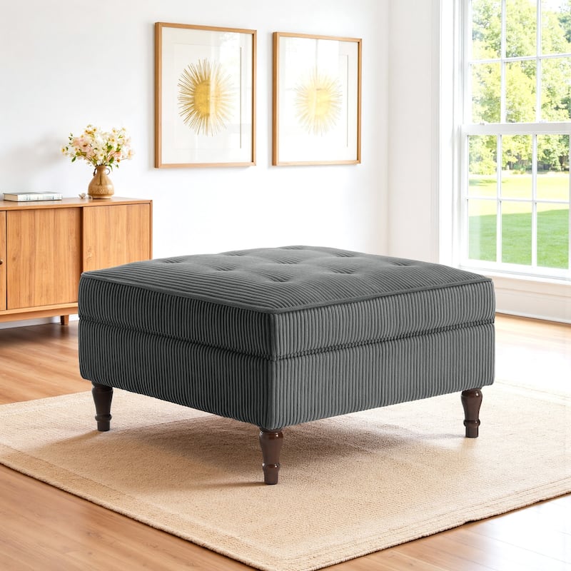 31.78" W Oversized Square Upholstered Storage Ottoman with Wooden Tray - Grey