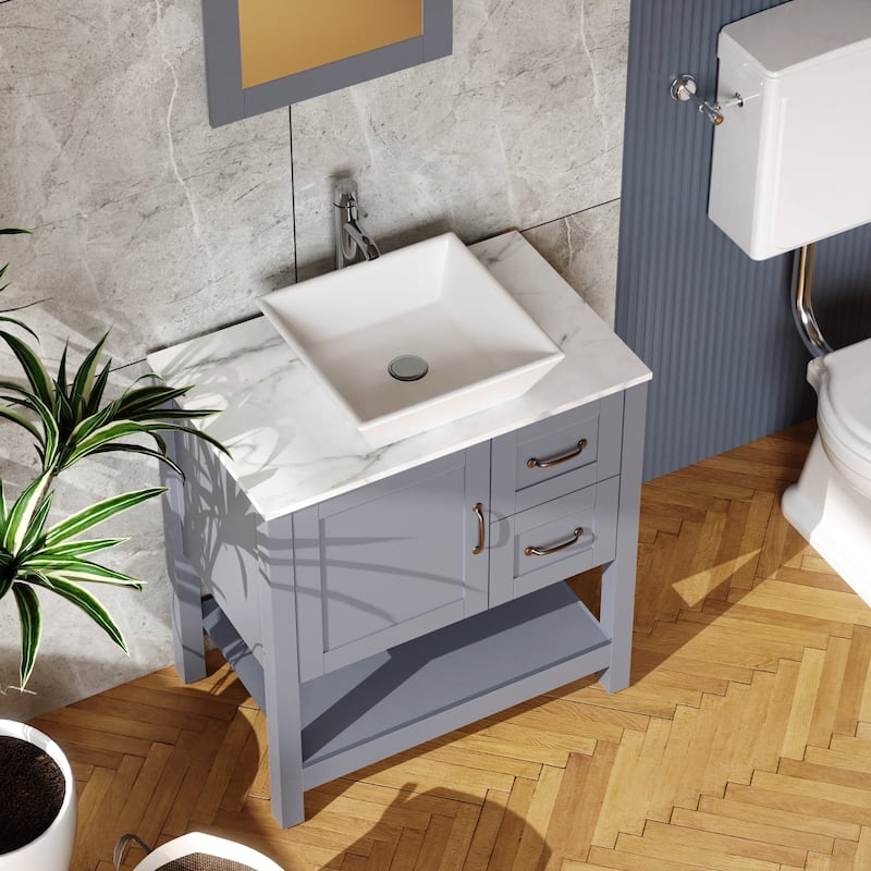 30 Inch MDF Freestanding Bathroom Vanity Set in Gray with Wood Top and Ceramic Sink and Faucet
