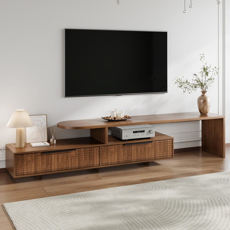 71" Mid-Century Walnut Finish TV Stand - Slatted Drawers, Open Shelves, 2-Tier Media Console