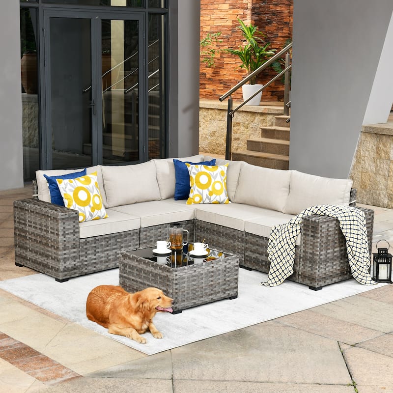 OVIOS Patio Wicker Furniture Wide Arm 6-piece Set with Table - Beige
