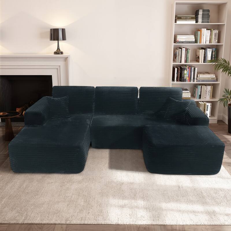 U-Shaped Sectional Couch Boneless Corduroy Couch with Chaise ‌and Ottoman‌, Upholstered Modular Lounger Sofa - Black