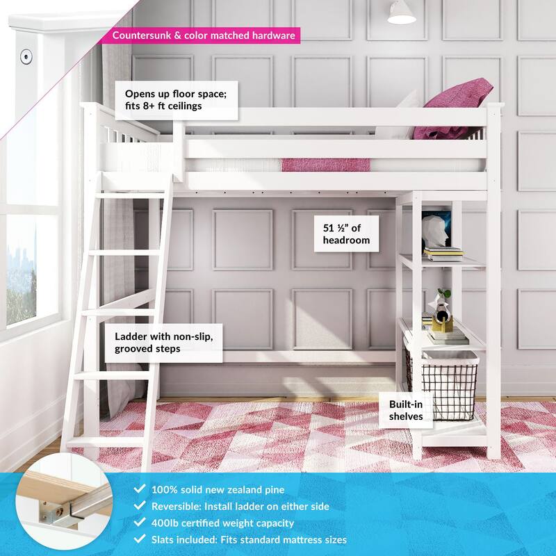 Max and Lily Twin Size High Loft Bed with Bookcase