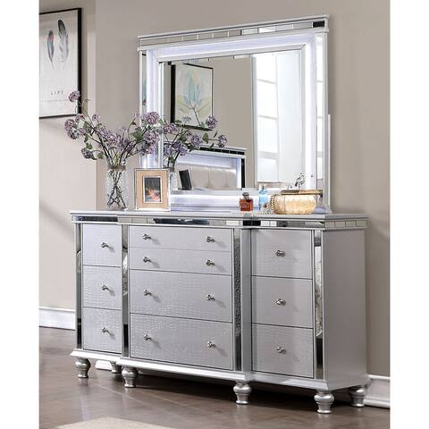 Furniture of America Aaronce Silver Multi-Storage Dresser with Mirror