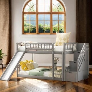 Stairway Twin over Twin Bunk Bed with Two Drawers and Slide With Built ...