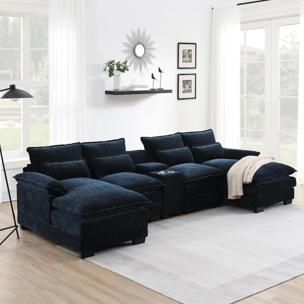 Modern U Shaped Sectional Sofa with Double Chaises and Cup Holders and USB Console for Living Room or Guest Room