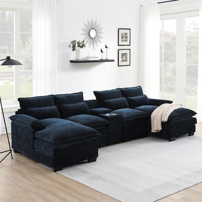 U-Shaped Sectional Sofa With Console,Cup Holders And Usb Charger,6 Seat Upholstered Symmetrical,Chenille Cloud Couch With Chaise