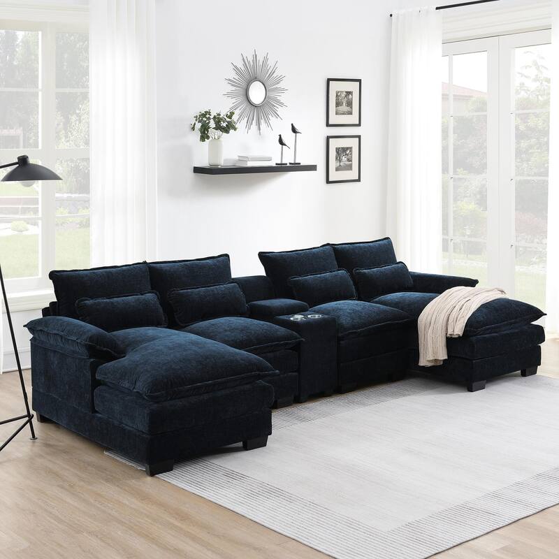 U-shaped Chenille Sectional Cloud Sofa w/Console, Cup Holders, USB