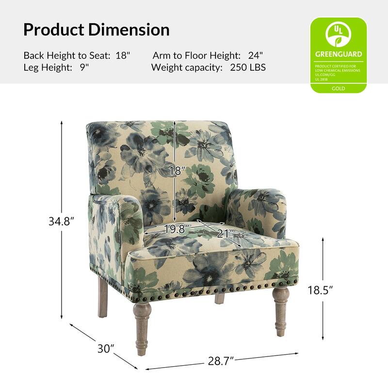 Pavia Traditional Floral Fabric Design Upholstered Accent Armchair with Nailhead Trim Set of 2 by HULALA HOME