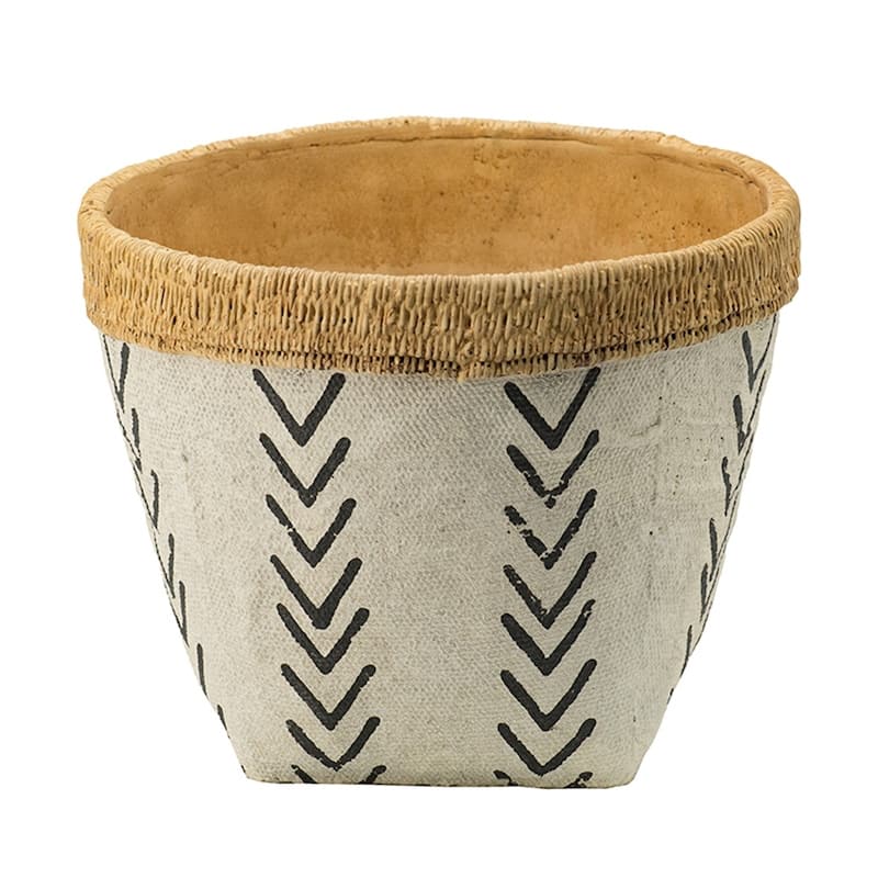 Set of 2 White and Brown Cement Planters with V Pattern, L:D10x8" S:D8x6.5"