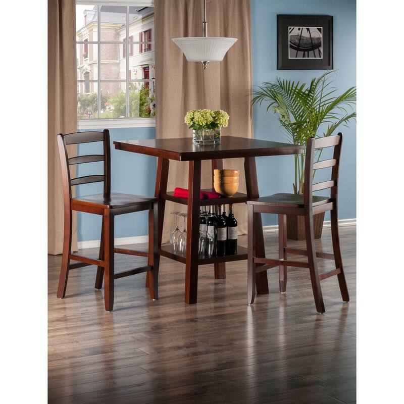 Square Bar Table Set with Ladder Back Chairs and 2 Tier Storage Shelf - 33.8"W x 33.8"D x 36"H - Walnut