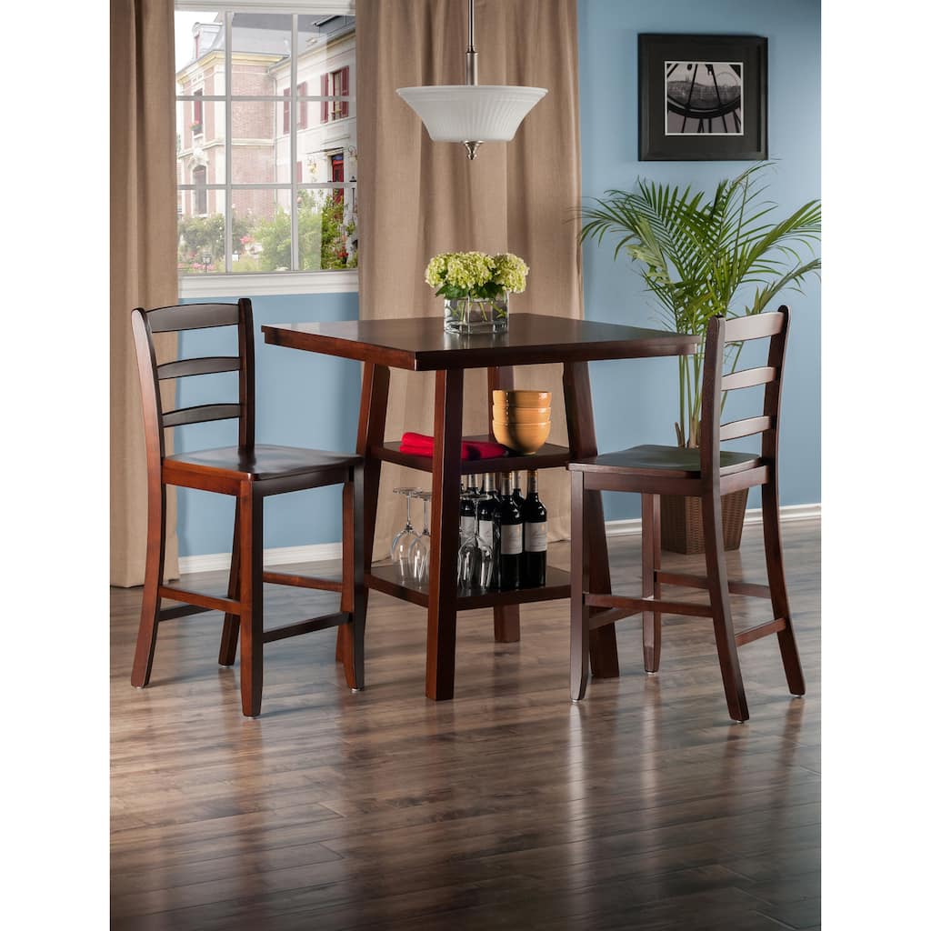 Square Bar Table Set with Ladder Back Chairs and 2 Tier Storage Shelf - 33.8"W x 33.8"D x 36"H