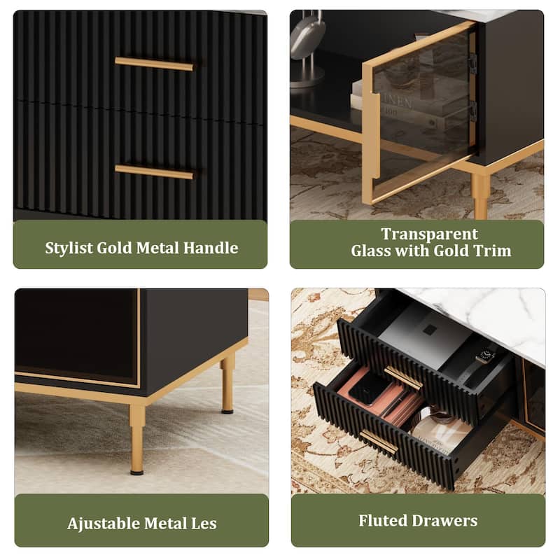 Minimalist Coffee Table with Faux Marble Surface, Glass Storage Doors