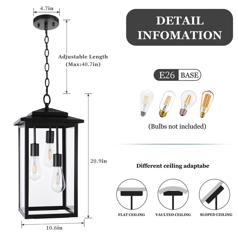 3-Light Large Outdoor Hanging Pendant Light with Glass