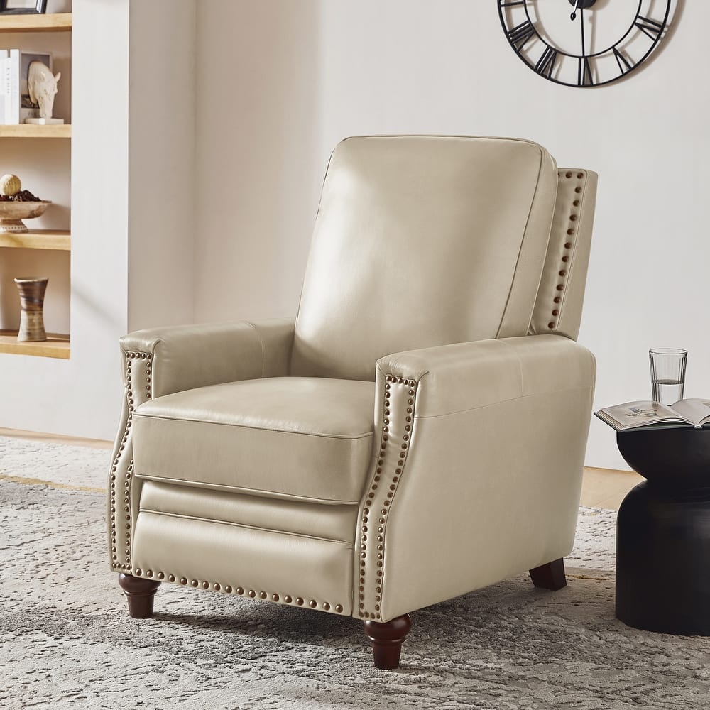 Cigar Mid-century Modern Genuine Leather Recliner with Solid Wood Legs and Nailhead Trim by HULALA HOME