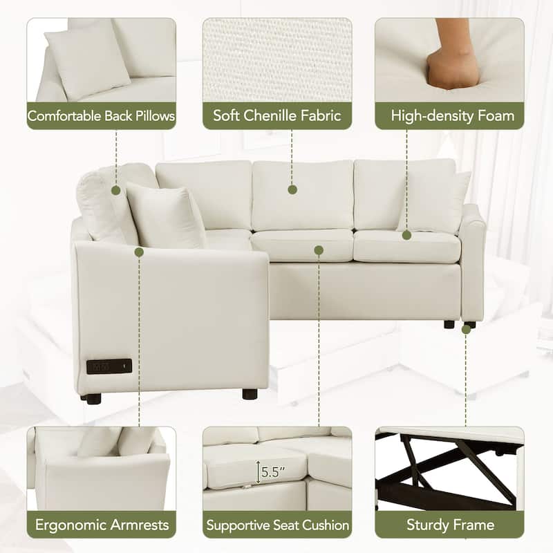 124.8'' Convertible L-Shaped 6-Seater Sectional Sofa with USB Ports, Power Outlets, Pull-Out Bed, and Two Back Cushions