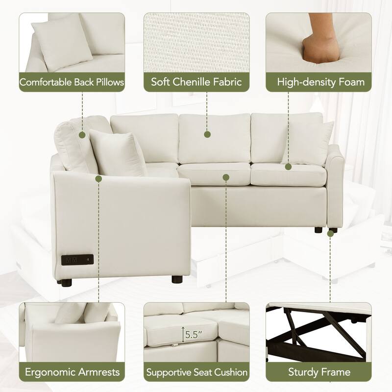 L-shaped Sofa Convertible Sofa Bed Pull Out Sofa Sleeper with Two Back Pillows, Two USB Ports and Two Power Sockets