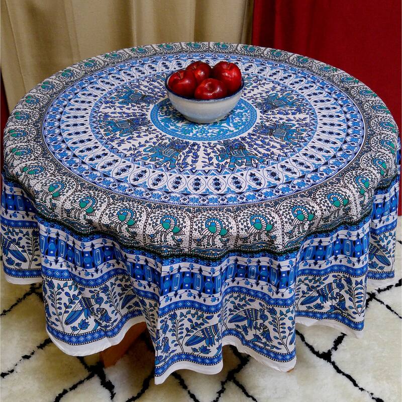 Mighty Elephant and Peacock Print Cotton Tablecloth Round