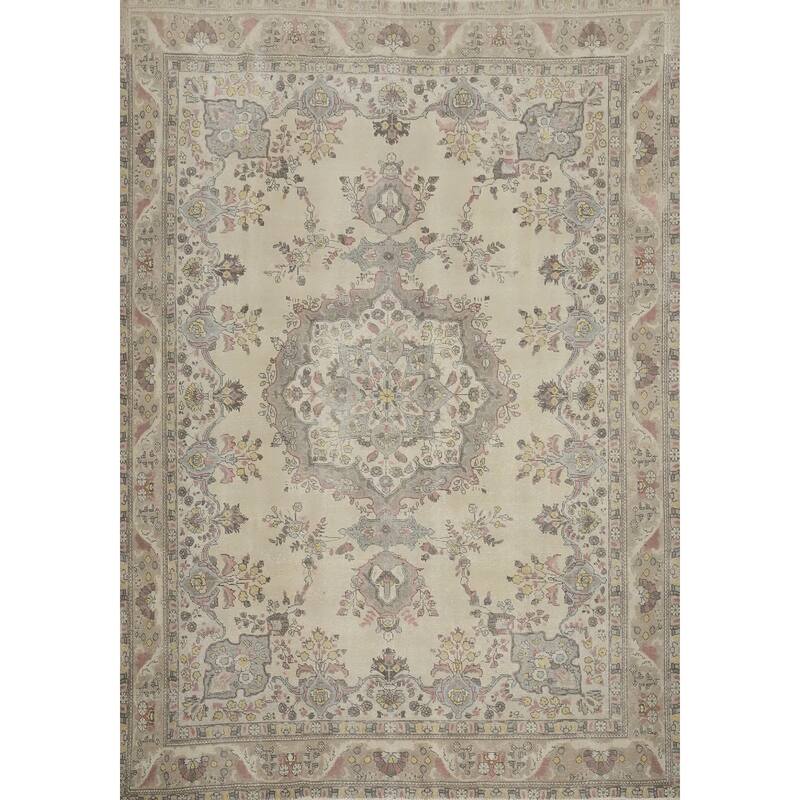 Hand Knotted Oriental 100% Wool Carpet Traditional Floral Beige & Ivories Tabriz Area Rug - 12' 3'' X 10' 0''