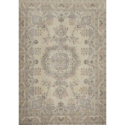 Hand Knotted Oriental 100% Wool Carpet Traditional Floral Beige & Ivories Tabriz Area Rug - 12' 3'' X 10' 0''