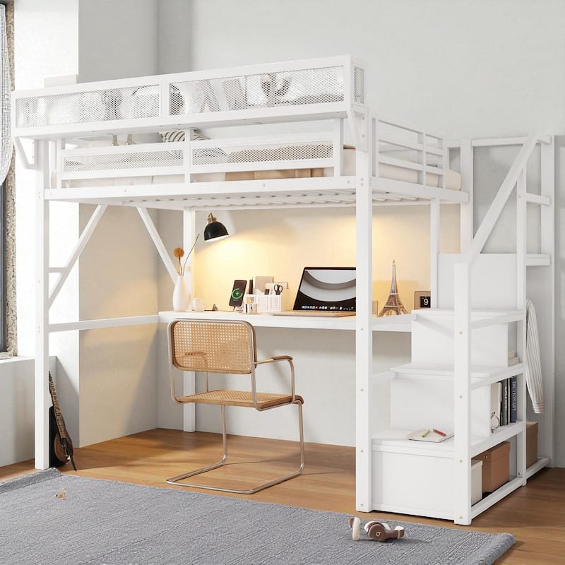 Full/Queen Size Metal Loft Bed with Desk, RGB Light, Charging Station, Shelves and Wardrobe, Stair Loft Bed for Teens - White - Full