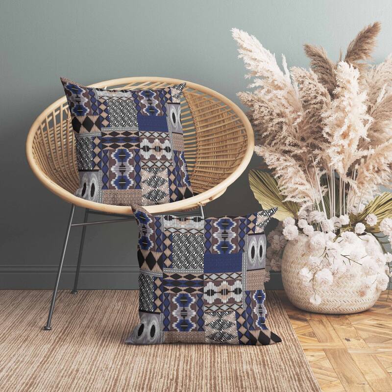 Patched Perfection Indoor/Outdoor Reversible Throw Pillow Blue and Beige
