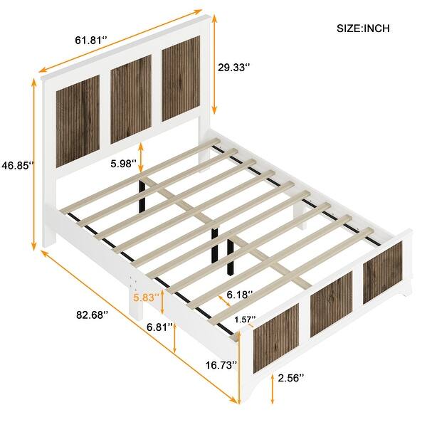 Farmhouse Platform Queen Size Bed, Modern Wooden Bed with Wooden Strip Decoration, Plywood Slats Support, White