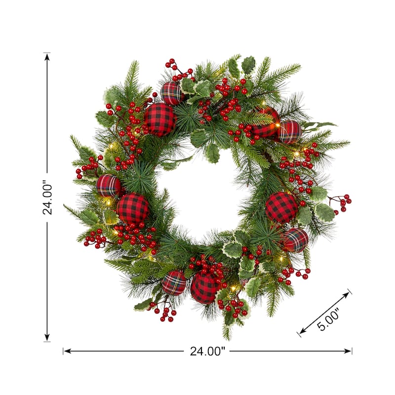 Glitzhome 24"D Snow Berry Twig Ball Pinecone Holly Pine Wreath with Lights & Timer