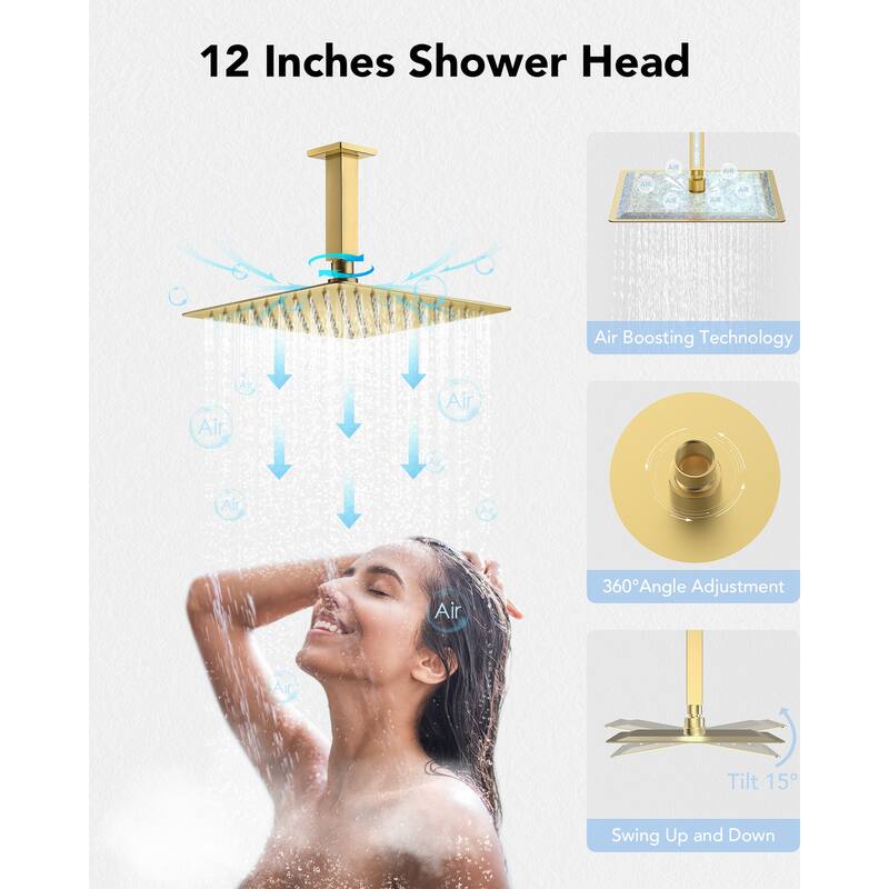 Celling Mounted 12 in Rain Shower Head LCD Digital Thermostatic Shower System Faucet Set with 3 Body Jets
