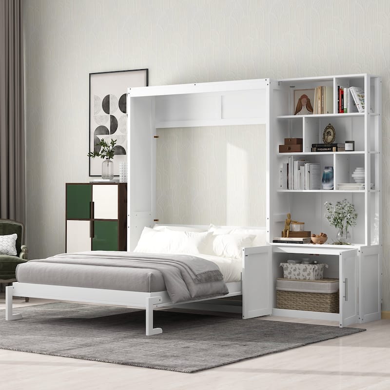 Full Size Hidden Murphy Bed Cabinet with Multiple Storage Shelves and A Cabinet, Wooden Folding Wall Bed with Slats Support - White - Full