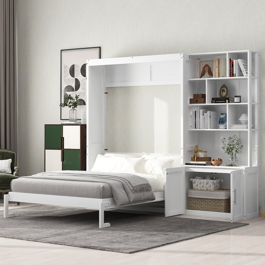 Full Size Hidden Murphy Bed Cabinet with Multiple Storage Shelves and A Cabinet, Wooden Folding Wall Bed with Slats Support