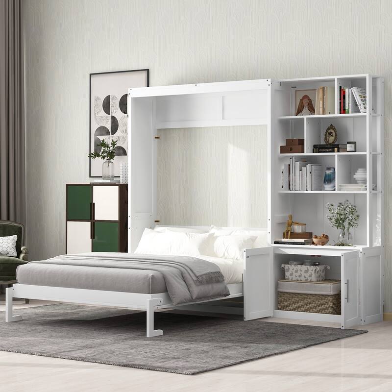 Space-Saving Full Size Murphy Bed with Storage Shelves and Cabinet, White