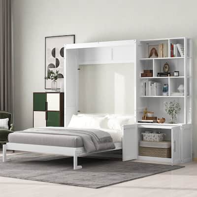 Wood Full Size Murphy Bed with Multiple Storage Shelves and Cabinet, Foldable Hidden Wall Platform Bed for Bedroom