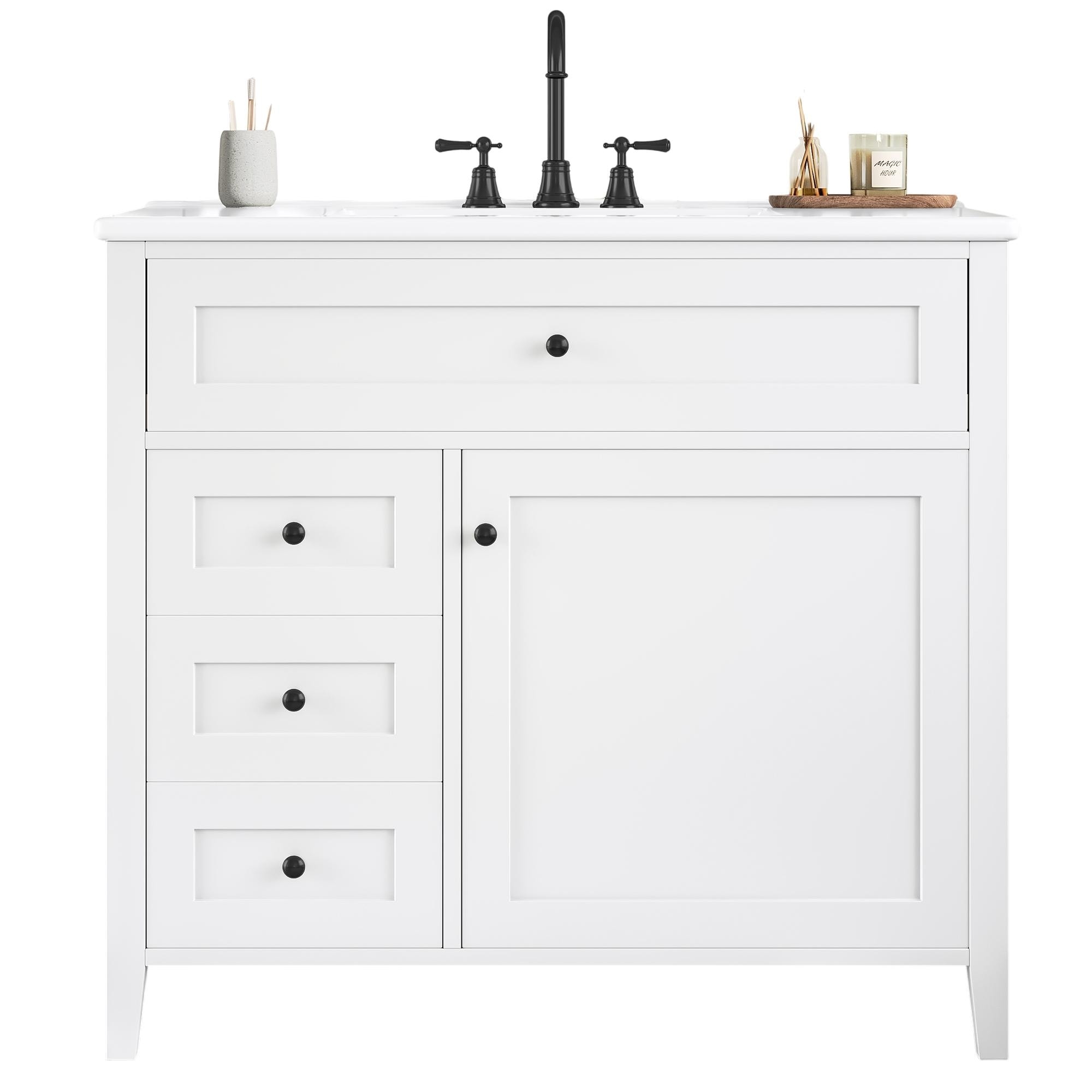 36" Freestanding Bathroom Vanity with Sink, 3 Drawers & Adjustable Shelf, MDF & Rubberwood Cabinet, Faucet Not Included
