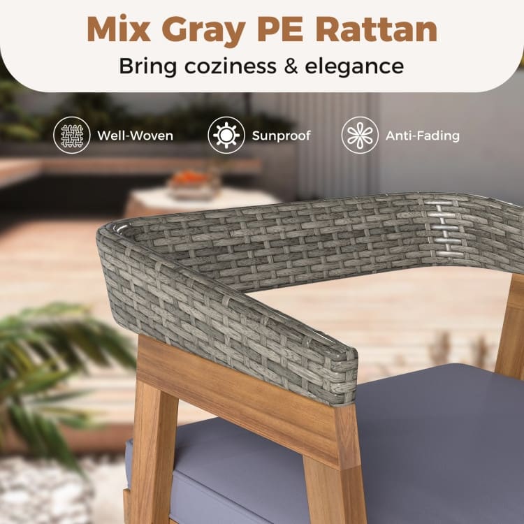 Mix Grey Rattan Wood 5 Piece Patio Dining Set with Cushions - Table: 54" x 28" x 29"