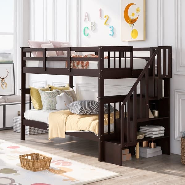 slide 2 of 13, Stairway Twin-Over-Twin Bunk Bed Wooden Kids Bed with Storage,Ladder and Guardrail for Bedroom,Dorm Espresso