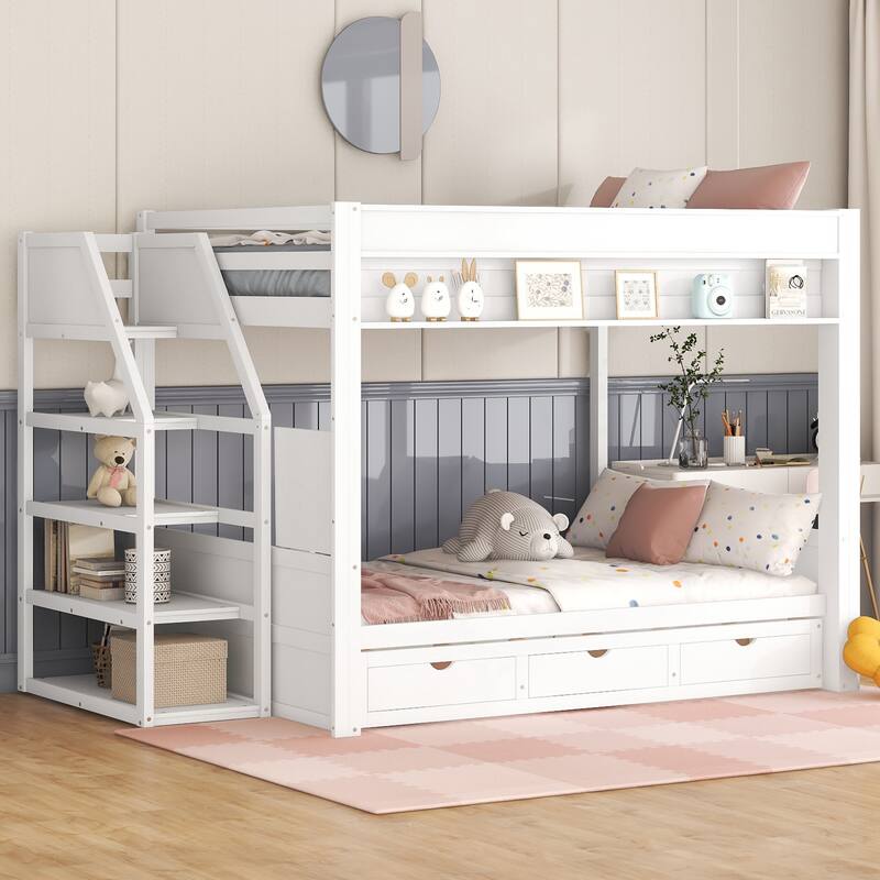 Full Size Convertible Bunk Bed with 3 Drawers, Bedside Table, and Space-Saving Storage Staircase