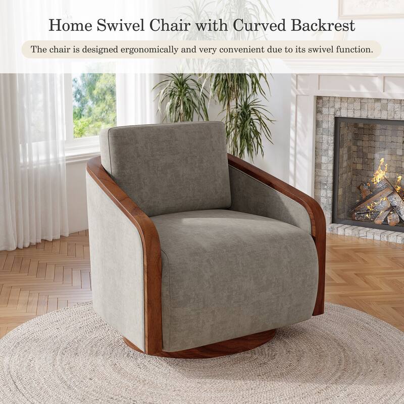 Upholstered Swivel Barrel Chair with Curved Wood Arms