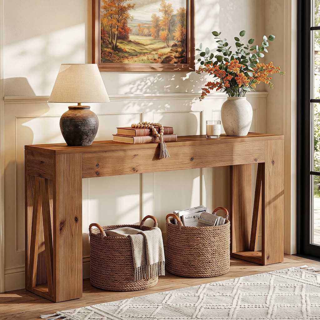 Solid Wood Console Table, 63" Long Farmhouse Entryway Table for Living Room, Narrow Rectangle Sofa Console for Hallway, Entrance