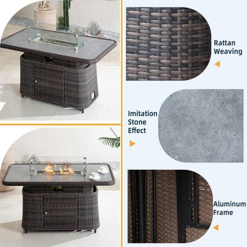 7-Piece PE Wicker Patio Fire Pit Sofa Set with Adjustable Propane Fire Table and Storage Side Tables