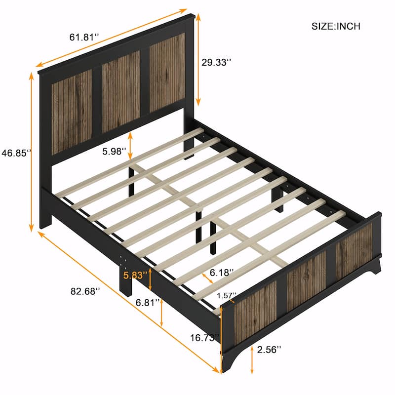 Farmhouse Wooden Platform Bed with Strip Decoration