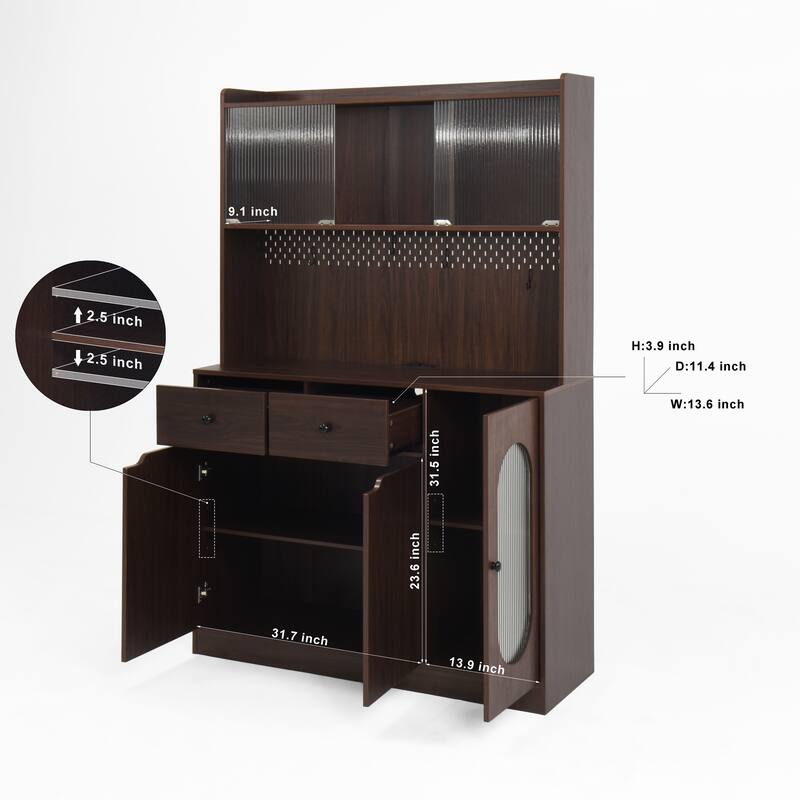 71"Tall Kitchen Pantry Storage Cabinet, Large Capacity Display Cabinet with Reeded Glass Doors and Microwave Stand