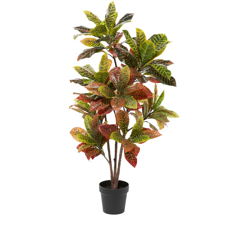 Faux Foliage Croton Artificial Plant with Realistic Leaves and Black Plastic Pot - Green - Roche River Decor