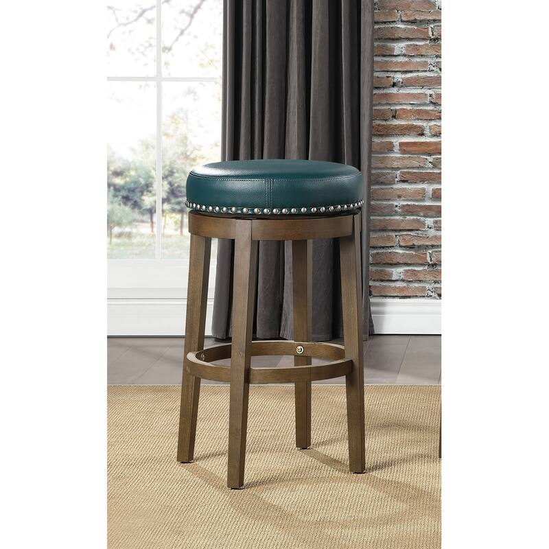 2-Piece Round Swivel Bar Stool Set - Green Faux Leather with Nailhead Trim & Brown Frame