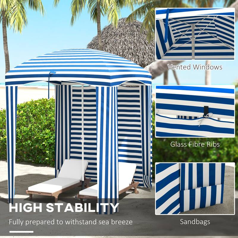 Portable Beach Cabana Umbrella with Walls, Vents, and Sandbags, Blue & White Stripe
