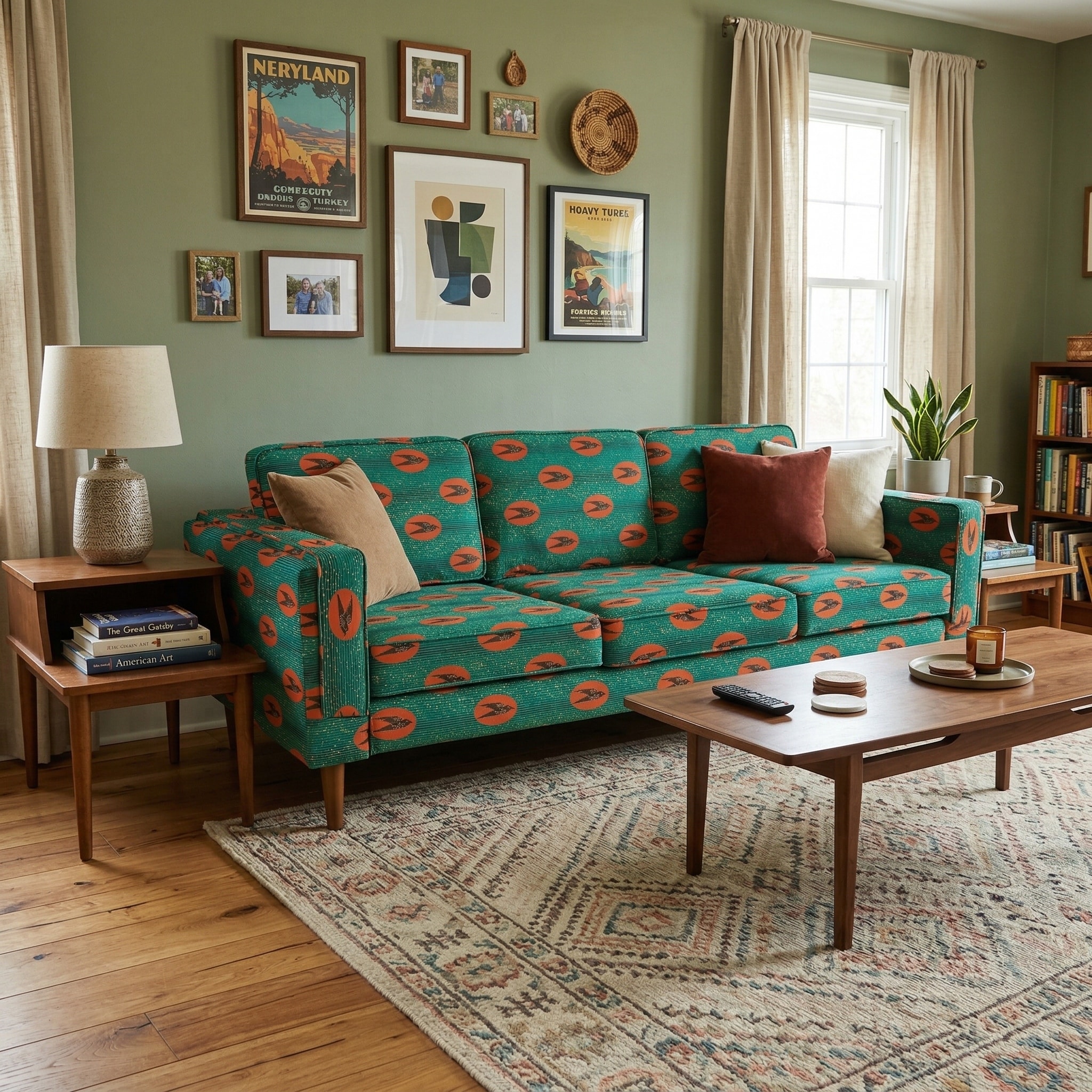 Mid-Century Modern 3-Seater Sofa with Whimsical Swallow Pattern, Fabric Upholstered Couch with Solid Wood Legs