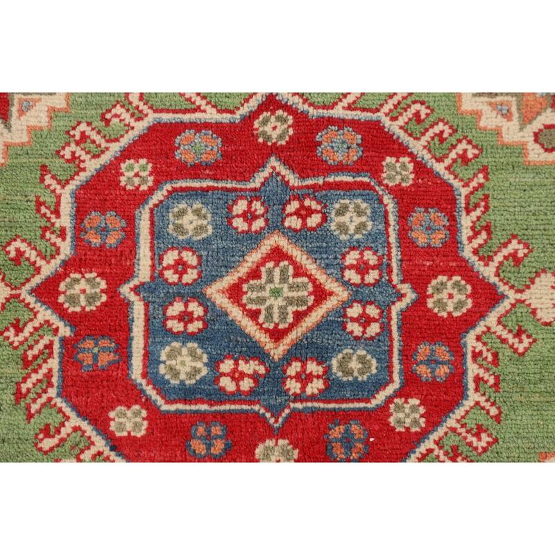 Traditional Green Kazak Oriental Area Rug Hand-Knotted Wool Carpet - 4'11" x 6'9"