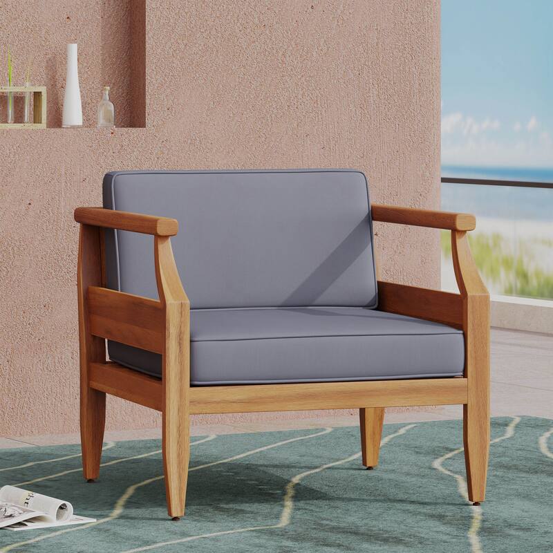 Roomfitters Outdoor Club Chair with Cream Cushions and Tapered Acacia Wood Frame, Weather-Resistant Seating